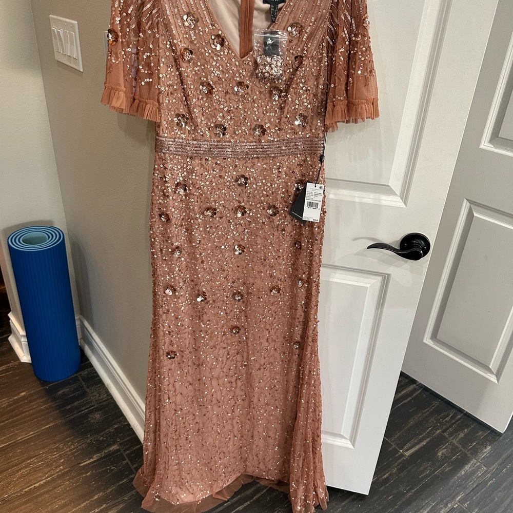 Adrianna Papell Gold Sequin Gown with Flutter Sleeves
